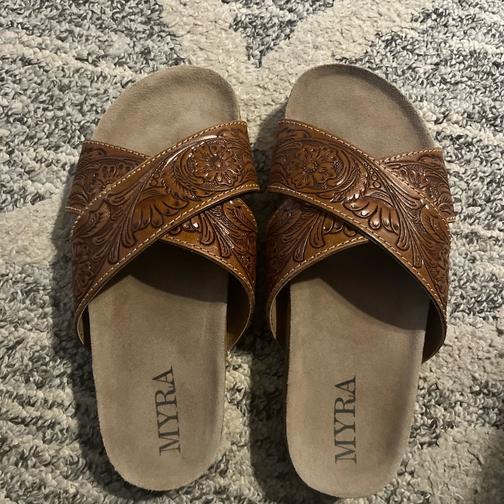 Myra Bag Brown Tooled Leather Crossover Slide Mules